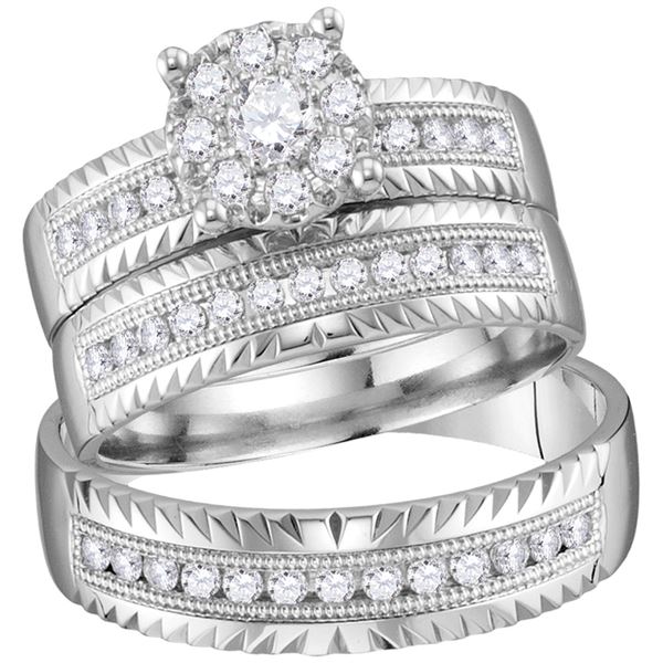 His Hers Diamond Cluster Matching Wedding Set 3/4 Cttw 14kt White Gold