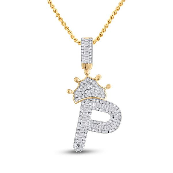 Mens Baguette Diamond Crown P Letter Charm Pendant 5/8 Cttw 10kt Yellow Gold