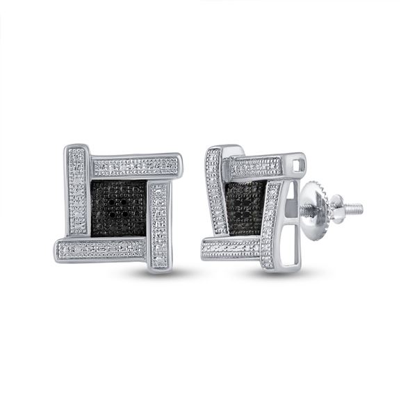 Sterling Silver Mens Black Color Enhanced Diamond Square Earrings .03 Cttw Sterling Silver