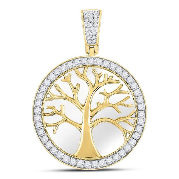 Mens Diamond Tree of Life Circle Charm Pendant 3/4 Cttw 10kt Yellow Gold