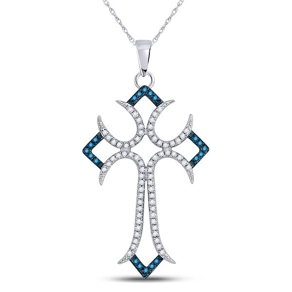 Blue Color Enhanced Diamond Flared Cross Pendant 1/4 Cttw 10kt White Gold