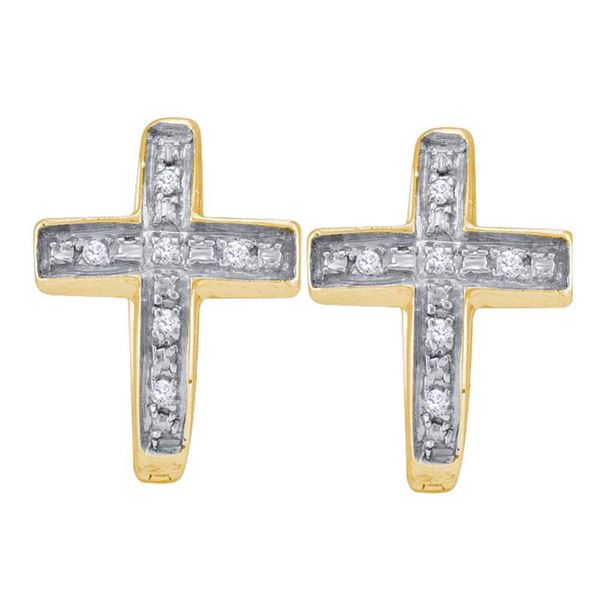 Diamond Cross Huggie Hoop Earrings 1/20 Cttw Yellow-tone Sterling Silver