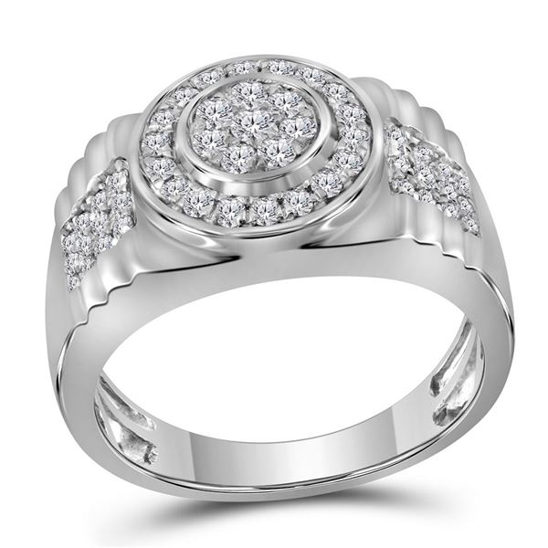 Mens Diamond Ribbed Circle Cluster Ring 7/8 Cttw 10kt White Gold