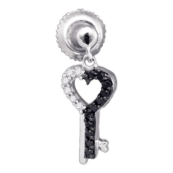 Black Color Enhanced Diamond Key Heart Dangle Earrings 1/6 Cttw 10kt White Gold