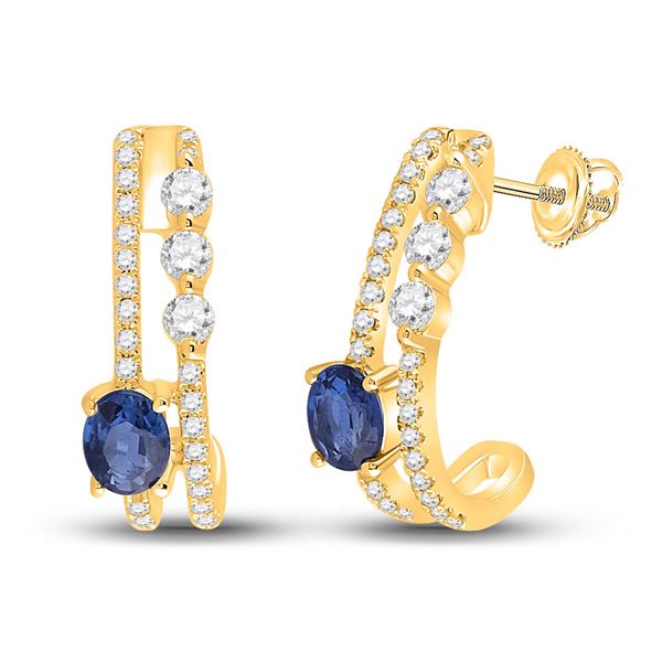 Oval Blue Sapphire Diamond J Hoop Earrings 3/4 Cttw 14kt Yellow Gold
