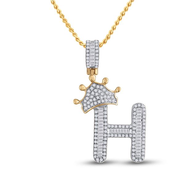 Mens Baguette Diamond Crown H Letter Charm Pendant 5/8 Cttw 10kt Yellow Gold