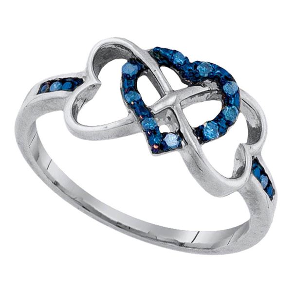 Blue Color Enhanced Diamond Triple Trinity Heart Ring 1/10 Cttw 10kt White Gold