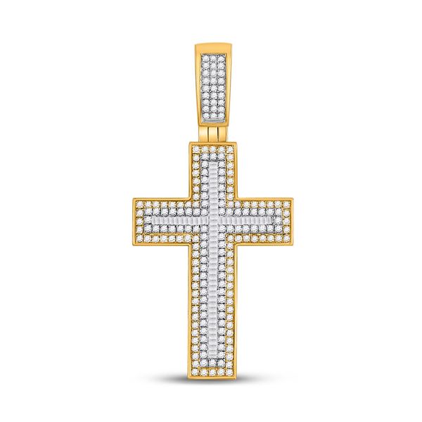 Mens Baguette Diamond Cross Charm Pendant 1-1/2 Cttw 10kt Yellow Gold