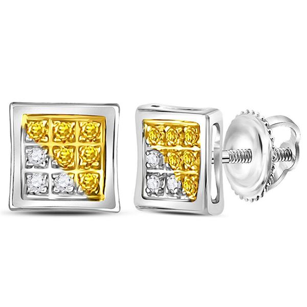 Sterling Silver Mens Yellow Color Enhanced Diamond Cluster Earrings 1/20 Cttw Sterling Silver