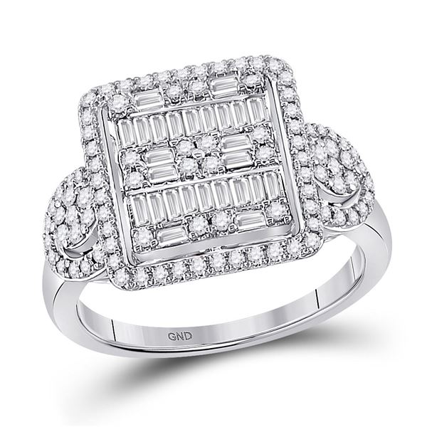 Baguette Diamond Square Cluster Ring 7/8 Cttw 14kt White Gold