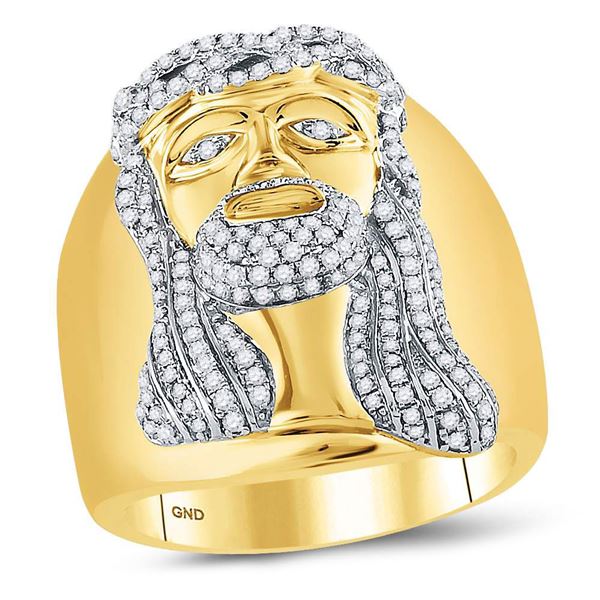 Mens Diamond Jesus Face Cluster Ring 1 Cttw 10kt Yellow Gold