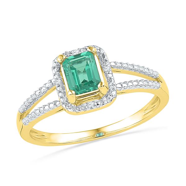 Lab-Created Emerald Solitaire Diamond Split-shank Ring 1-1/2 Cttw 10kt Yellow Gold