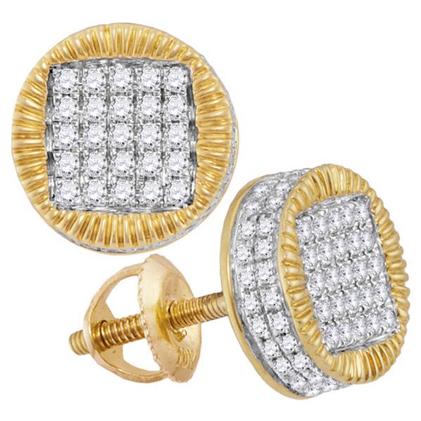 Mens Diamond Fluted Circle Stud Earrings 1/2 Cttw 10kt Yellow Gold
