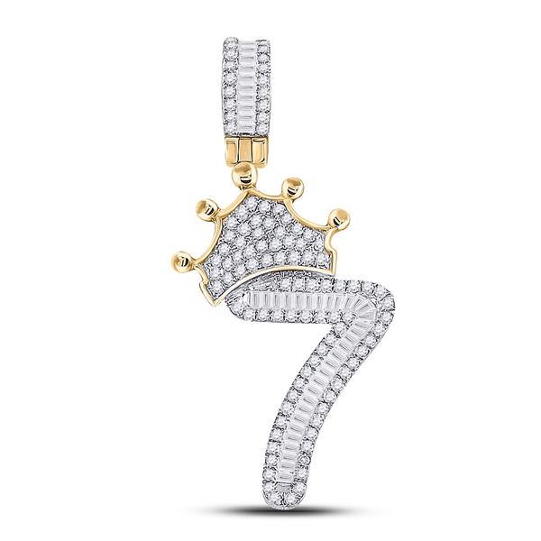Mens Baguette Diamond Number 7 Crown Charm Pendant 5/8 Cttw 10kt Yellow Gold