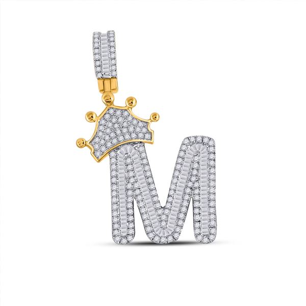 Mens Diamond Crown M Letter Charm Pendant 7/8 Cttw 10kt Yellow Gold