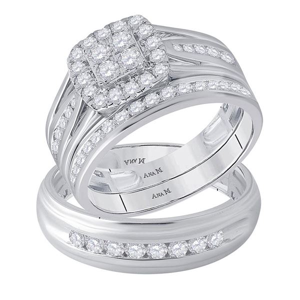 His Hers Diamond Cluster Matching Wedding Set 1-1/4 Cttw 14kt White Gold