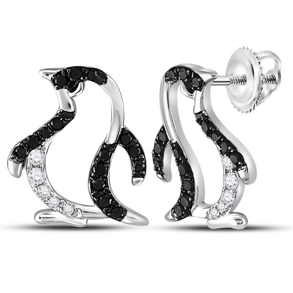 Black Color Enhanced Diamond Penguin Stud Earrings 1/4 Cttw 14kt White Gold
