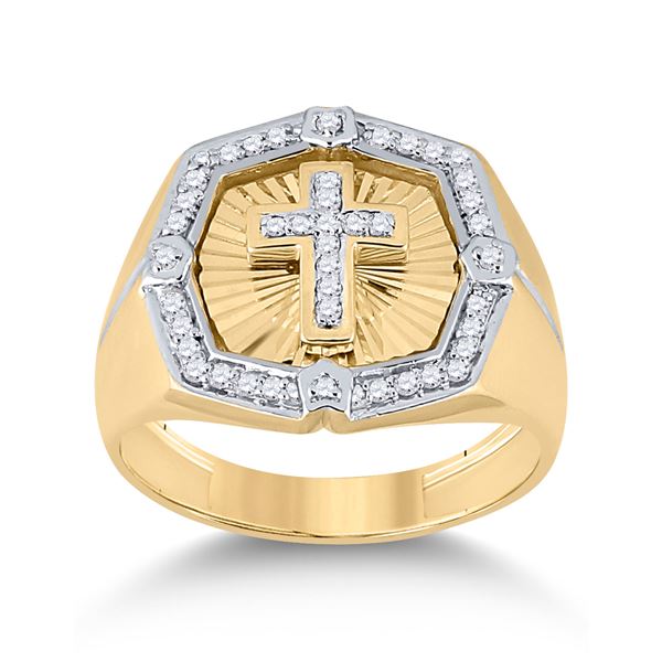 Mens Diamond Cross Ring 1/4 Cttw 10kt Yellow Gold