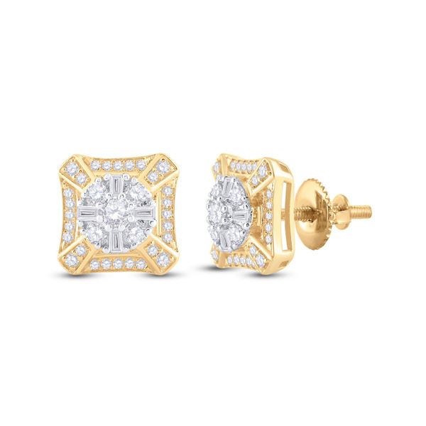 Mens Baguette Diamond Square Cluster Earrings 3/4 Cttw 14kt Yellow Gold