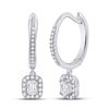 Image 1 : Emerald Diamond Hoop Dangle Earrings 1/2 Cttw 14kt White Gold