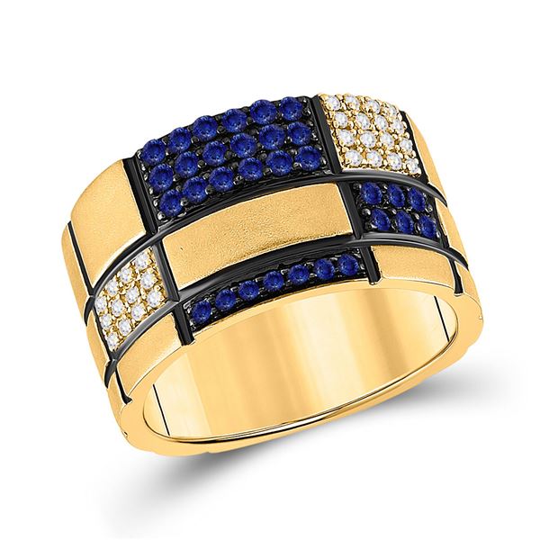 Mens Blue Sapphire Checkered Band Ring 5/8 Cttw 14kt Yellow Gold