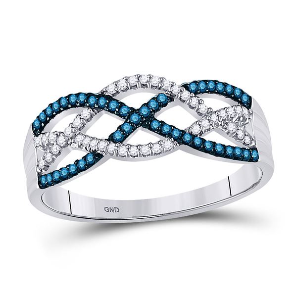 Blue Color Enhanced Diamond Woven Strand Band Ring 1/4 Cttw 10kt White Gold