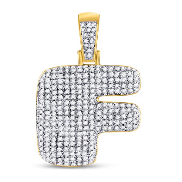 Mens Diamond Bubble F Letter Charm Pendant 7/8 Cttw 10kt Yellow Gold