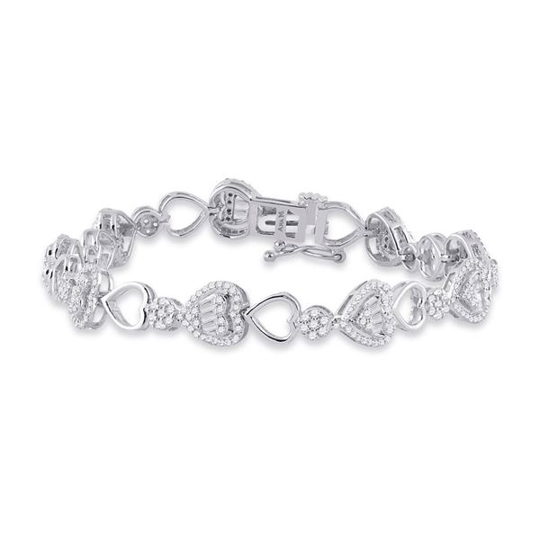 Baguette Diamond Heart Link Bracelet 2 Cttw 14kt White Gold