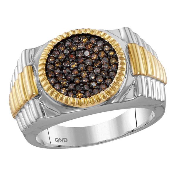 Mens Brown Diamond Ribbed Circle Cluster Ring 1/2 Cttw 10kt Two-tone Gold