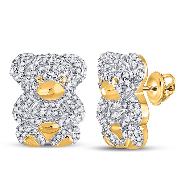 Diamond Teddy Bear Animal Earrings 1/2 Cttw 10kt Yellow Gold