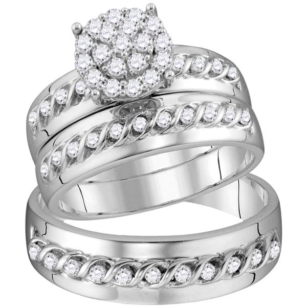His Hers Diamond Cluster Matching Wedding Set 3/4 Cttw 10kt White Gold