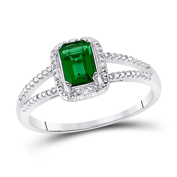 Lab-Created Emerald Solitaire Diamond Split-shank Ring 1-1/2 Cttw Sterling Silver