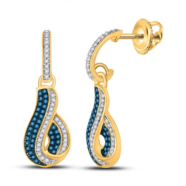 Blue Color Enhanced Diamond Dangle Earrings 3/8 Cttw 10kt Yellow Gold
