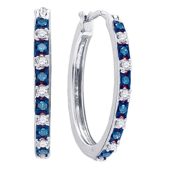 Blue Color Enhanced Diamond Hoop Earrings 1/4 Cttw Sterling Silver