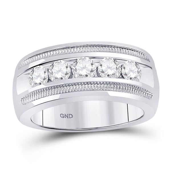 Mens Diamond Single Row 5-Stone Wedding Band Ring 1-1/2 Cttw 14kt White Gold