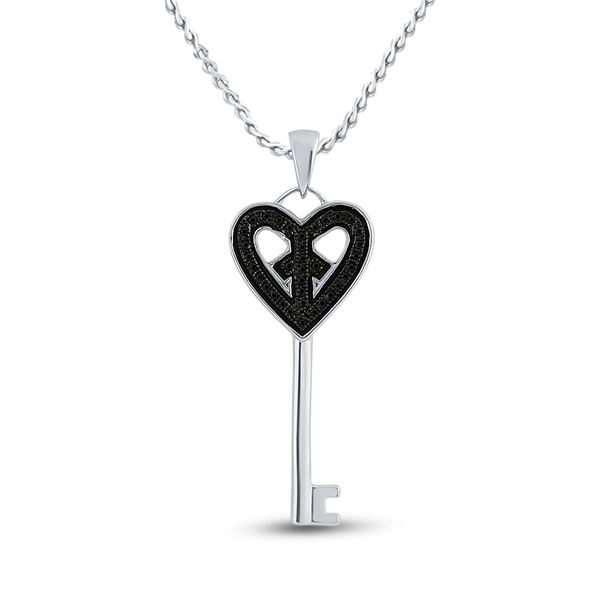 Black Color Enhanced Diamond Key Heart Pendant 1/10 Cttw Sterling Silver
