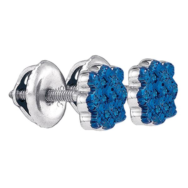Blue Color Enhanced Diamond Cluster Stud Earrings 1/20 Cttw Sterling Silver