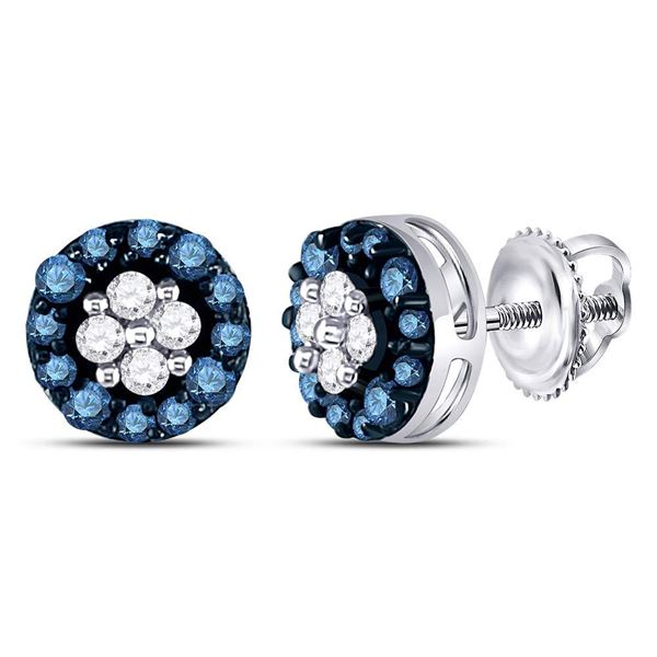 Blue Color Enhanced Diamond Cluster Earrings 1/3 Cttw 10kt White Gold