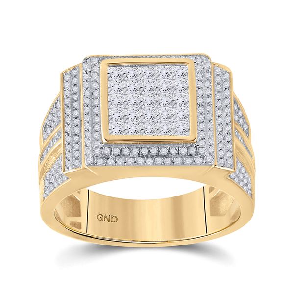 Mens Princess Diamond Square Cluster Ring 1-5/8 Cttw 10kt Yellow Gold