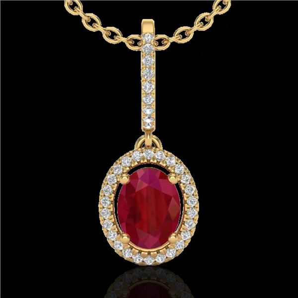 2 ctw Ruby & Micro Pave VS/SI Diamond Necklace Halo 18k Yellow Gold - REF-55H2R