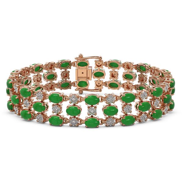 25.85 ctw Jade & Diamond Bracelet 10K Rose Gold - REF-227G3W