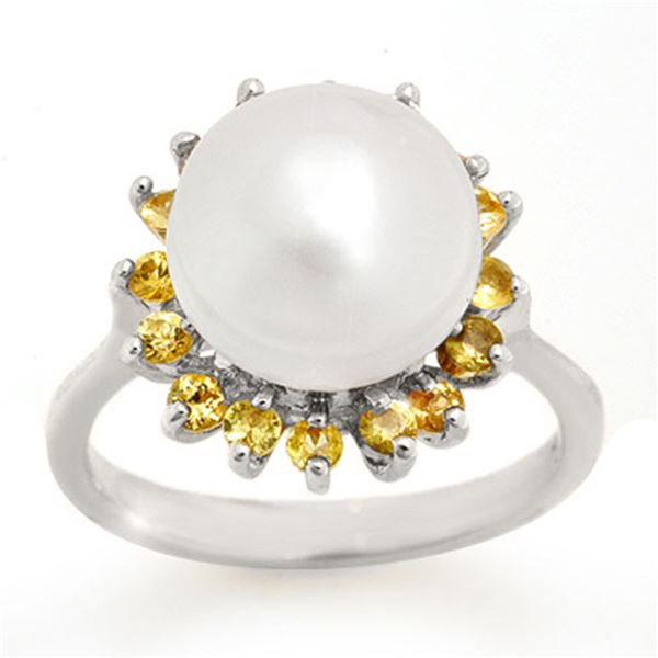 0.75 ctw Yellow Sapphire & Pearl Ring 18k White Gold - REF-40A2N