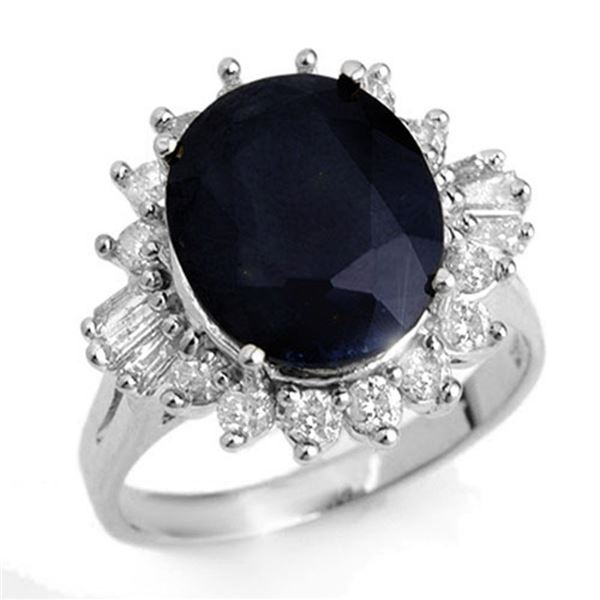 8.99 ctw Blue Sapphire & Diamond Ring 18k White Gold - REF-124N2F