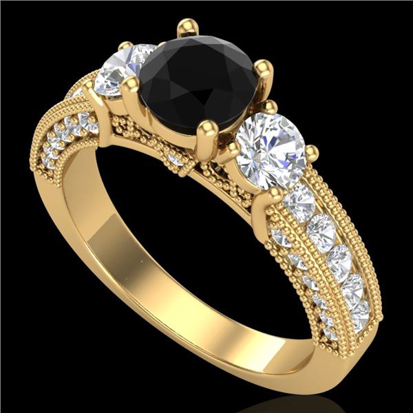 2.07 ctw Fancy Black Diamond Art Deco 3 Stone Ring 18k Yellow Gold - REF-200H2R