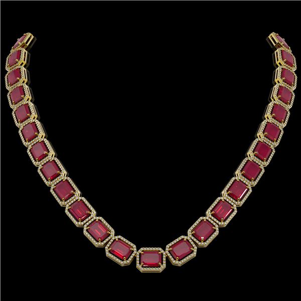 84.94 ctw Ruby & Diamond Micro Pave Halo Necklace 10k Yellow Gold - REF-930G2W