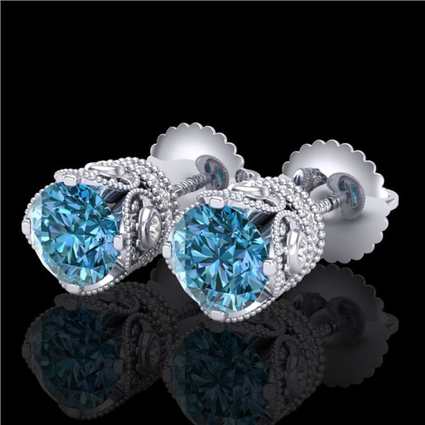 1.85 ctw Fancy Intense Blue Diamond Art Deco Earrings 18k White Gold - REF-200F2M