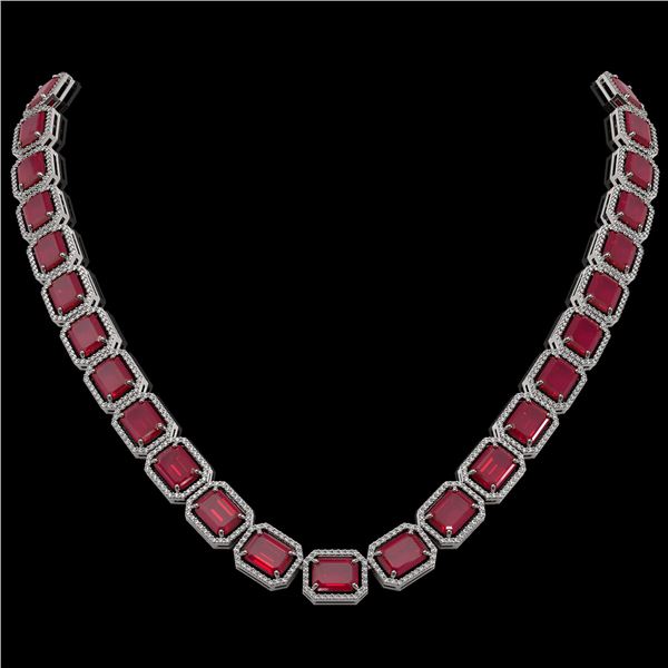 84.94 ctw Ruby & Diamond Micro Pave Halo Necklace 10k White Gold - REF-930A2N