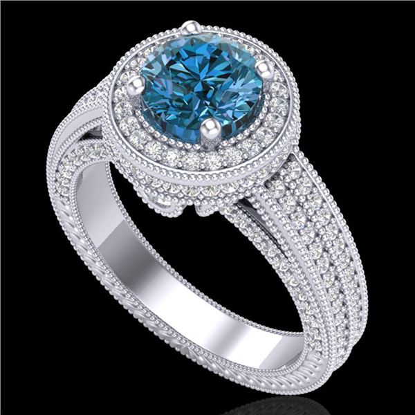 2.8 ctw Intense Blue Diamond Engagment Art Deco Ring 18k White Gold - REF-327R3K