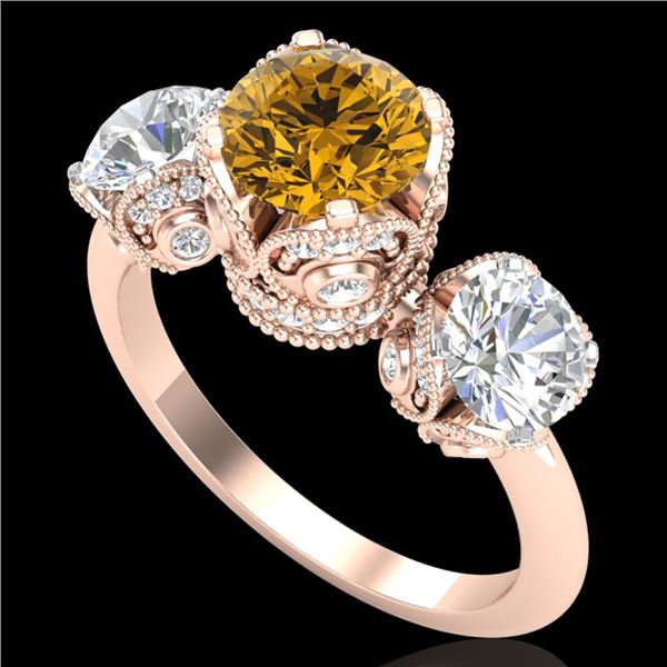 3 ctw Intense Yellow Diamond Art Deco 3 Stone Ring 18k Rose Gold - REF-470H9R