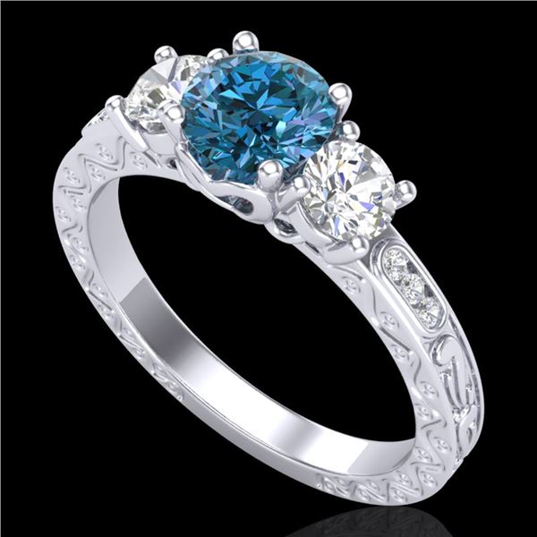 1.41 ctw Intense Blue Diamond Art Deco 3 Stone Ring 18k White Gold - REF-180X2A